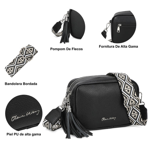Bolso bandolera mujer pequeño de cuero PU dos compartimentos y dos bandoleras, bolso mensajero para cruzar polipiel regalo original para mujer - Negro