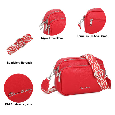 Bolso bandolera mujer pequeño de cuero PU tres compartimentos y dos bandoleras, bolso mensajero para cruzar polipiel regalo original para mujer - Rojo