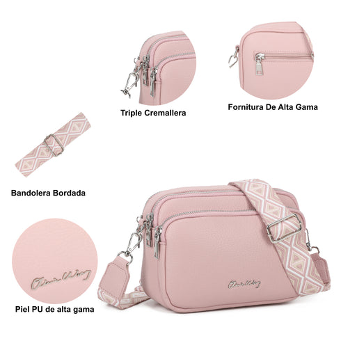 Bolso bandolera mujer pequeño de cuero PU tres compartimentos y dos bandoleras, bolso mensajero para cruzar polipiel regalo original para mujer - Rosa