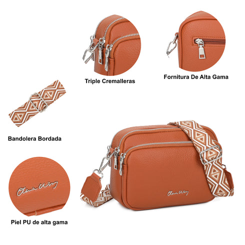 Bolso bandolera mujer pequeño de cuero PU tres compartimentos y dos bandoleras, bolso mensajero para cruzar polipiel regalo original para mujer - Marrón