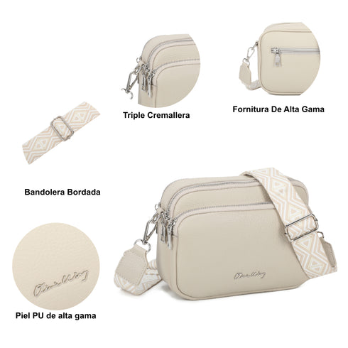 Bolso bandolera mujer pequeño de cuero PU tres compartimentos y dos bandoleras, bolso mensajero para cruzar polipiel regalo original para mujer - Beige