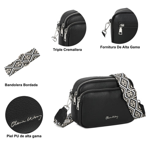 Bolso bandolera mujer pequeño de cuero PU tres compartimentos y dos bandoleras, bolso mensajero para cruzar polipiel regalo original para mujer - Negro
