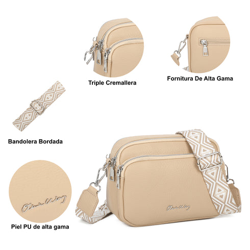 Bolso bandolera mujer pequeño de cuero PU tres compartimentos y dos bandoleras, bolso mensajero para cruzar polipiel regalo original para mujer - Taupe
