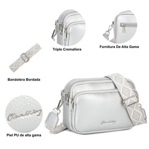 Bolso bandolera mujer pequeño de cuero PU tres compartimentos y dos bandoleras, bolso mensajero para cruzar polipiel regalo original para mujer - Plata