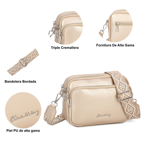 Bolso bandolera mujer pequeño de cuero PU tres compartimentos y dos bandoleras, bolso mensajero para cruzar polipiel regalo original para mujer - Dorado