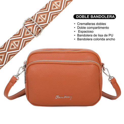 Bolso bandolera mujer pequeño de cuero PU tres compartimentos y dos bandoleras, bolso mensajero para cruzar polipiel regalo original para mujer - Marrón