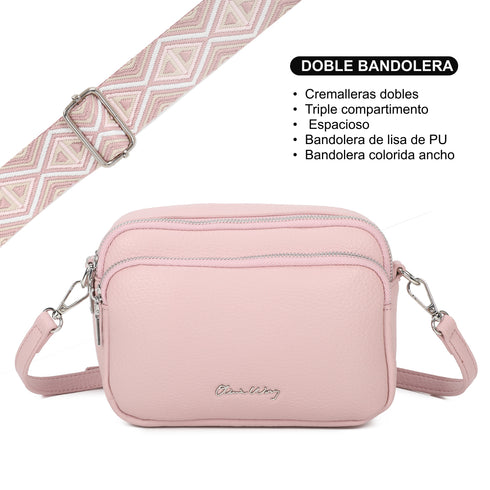 Bolso bandolera mujer pequeño de cuero PU tres compartimentos y dos bandoleras, bolso mensajero para cruzar polipiel regalo original para mujer - Rosa