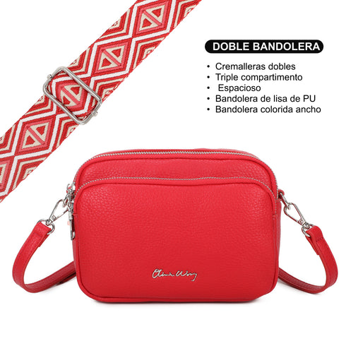 Bolso bandolera mujer pequeño de cuero PU tres compartimentos y dos bandoleras, bolso mensajero para cruzar polipiel regalo original para mujer - Rojo
