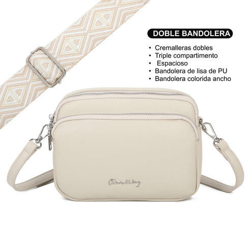 Bolso bandolera mujer pequeño de cuero PU tres compartimentos y dos bandoleras, bolso mensajero para cruzar polipiel regalo original para mujer - Beige