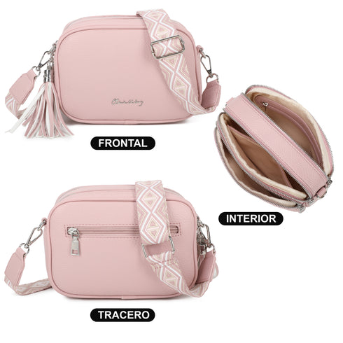 Bolso bandolera mujer pequeño de cuero PU tres compartimentos y dos bandoleras, bolso mensajero para cruzar polipiel regalo original para mujer - Rosa