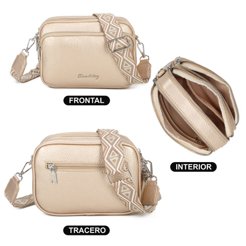 Bolso bandolera mujer pequeño de cuero PU tres compartimentos y dos bandoleras, bolso mensajero para cruzar polipiel regalo original para mujer - Dorado
