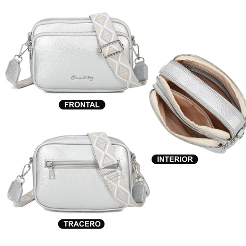 Bolso bandolera mujer pequeño de cuero PU tres compartimentos y dos bandoleras, bolso mensajero para cruzar polipiel regalo original para mujer - Plata