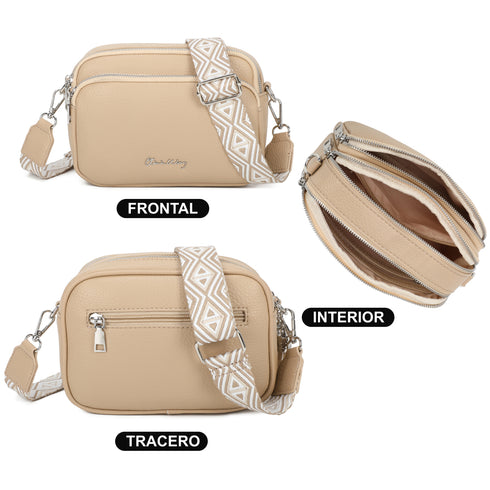 Bolso bandolera mujer pequeño de cuero PU tres compartimentos y dos bandoleras, bolso mensajero para cruzar polipiel regalo original para mujer - Taupe