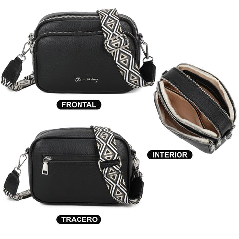 Bolso bandolera mujer pequeño de cuero PU tres compartimentos y dos bandoleras, bolso mensajero para cruzar polipiel regalo original para mujer - Negro