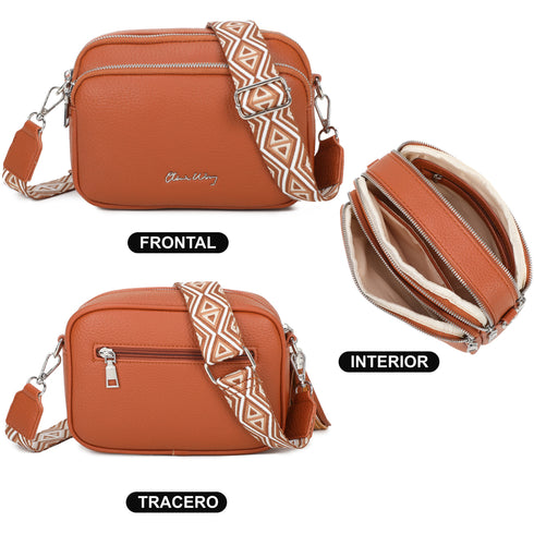 Bolso bandolera mujer pequeño de cuero PU tres compartimentos y dos bandoleras, bolso mensajero para cruzar polipiel regalo original para mujer - Marrón