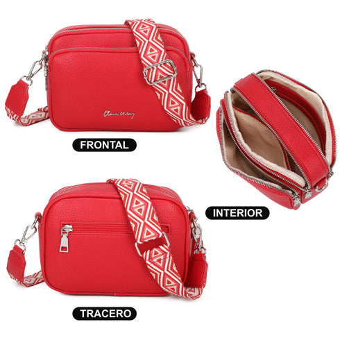 Bolso bandolera mujer pequeño de cuero PU tres compartimentos y dos bandoleras, bolso mensajero para cruzar polipiel regalo original para mujer - Rojo