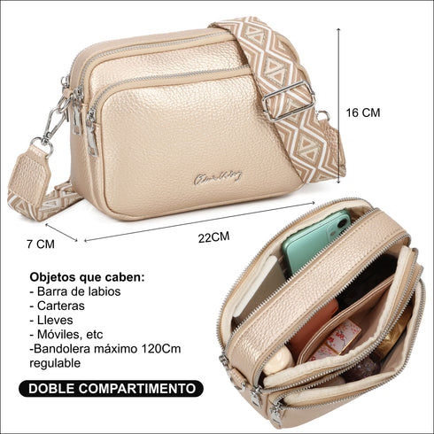 Bolso bandolera mujer pequeño de cuero PU tres compartimentos y dos bandoleras, bolso mensajero para cruzar polipiel regalo original para mujer - Dorado