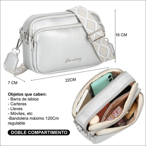 Bolso bandolera mujer pequeño de cuero PU tres compartimentos y dos bandoleras, bolso mensajero para cruzar polipiel regalo original para mujer - Plata
