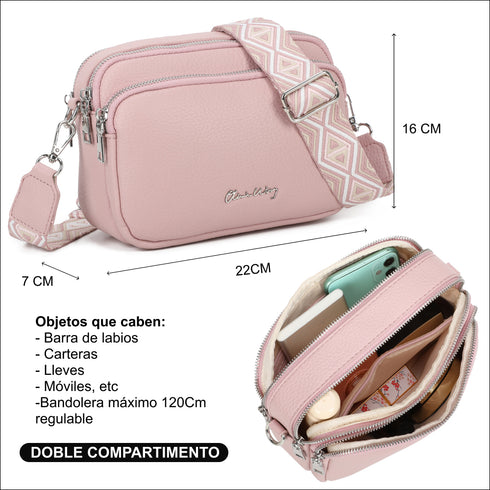 Bolso bandolera mujer pequeño de cuero PU tres compartimentos y dos bandoleras, bolso mensajero para cruzar polipiel regalo original para mujer - Rosa