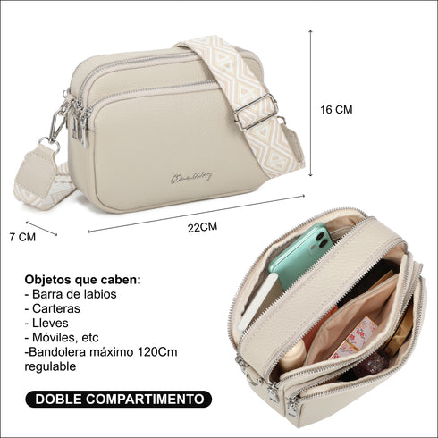 Bolso bandolera mujer pequeño de cuero PU tres compartimentos y dos bandoleras, bolso mensajero para cruzar polipiel regalo original para mujer - Beige
