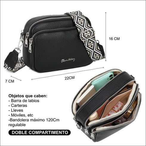 Bolso bandolera mujer pequeño de cuero PU tres compartimentos y dos bandoleras, bolso mensajero para cruzar polipiel regalo original para mujer - Negro