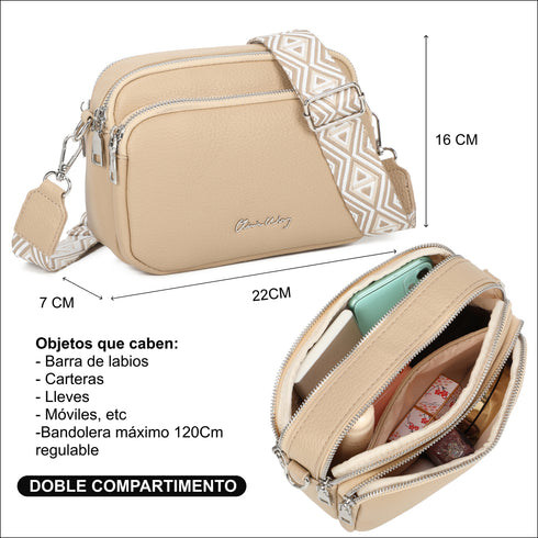 Bolso bandolera mujer pequeño de cuero PU tres compartimentos y dos bandoleras, bolso mensajero para cruzar polipiel regalo original para mujer - Taupe