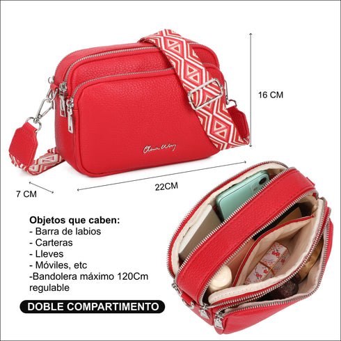 Bolso bandolera mujer pequeño de cuero PU tres compartimentos y dos bandoleras, bolso mensajero para cruzar polipiel regalo original para mujer - Rojo