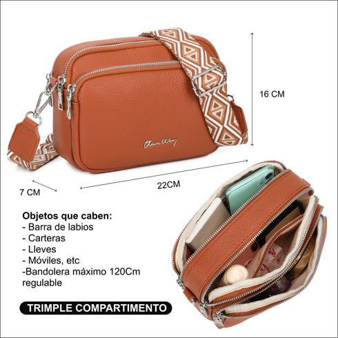 Bolso bandolera mujer pequeño de cuero PU tres compartimentos y dos bandoleras, bolso mensajero para cruzar polipiel regalo original para mujer - Marrón