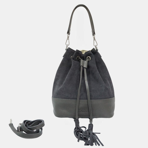 Bandolera mujer piel serraje - bolso saco Giulia (gris)