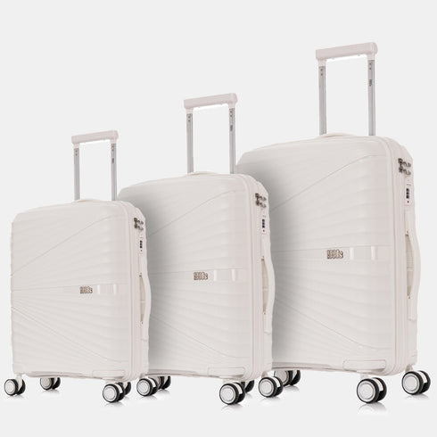 Juego de maletas PP Rígida 3 piezas|Maleta Cabina 55cm|Maleta Mediana extensible 65cm|Maleta Grande Extensible 75cm|Choco Blanco