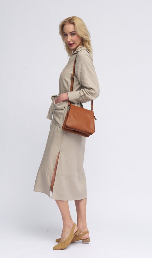 Bolso bandolera para mujer con tres compartimentos marrón Noelia