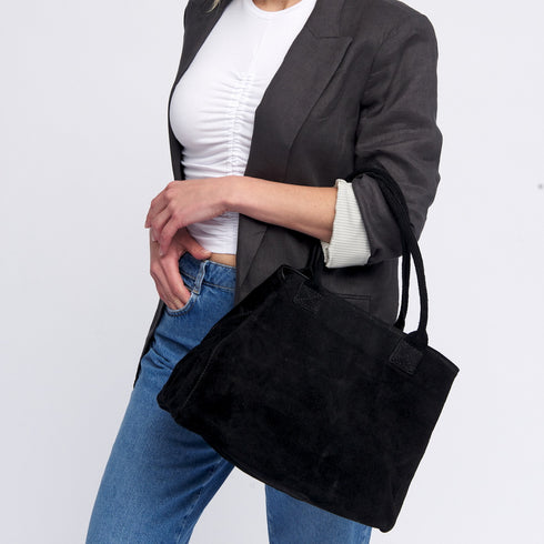 Bolso shopper de piel serraje extensible y personalizable negro Aurora