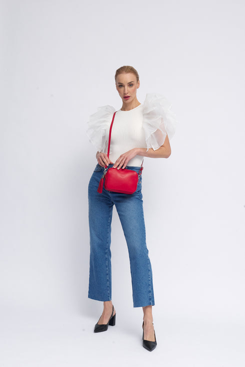 Bolso de Piel bandolera cuadrado rojo con pompón de mujer Cristin