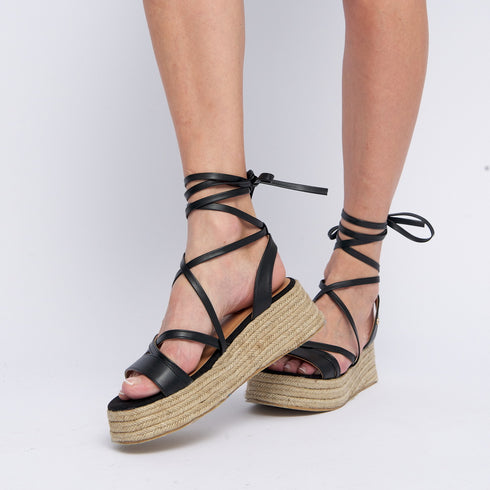 Sandalias de tiras de esparto con plataforma negro Helena