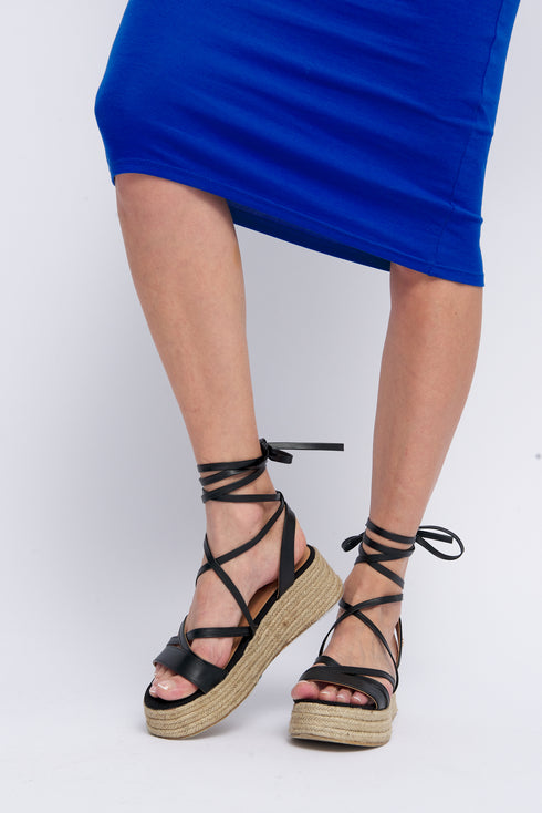 Sandalias de tiras de esparto con plataforma negro Helena