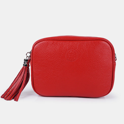 Bolso de Piel bandolera cuadrado rojo con pompón de mujer Cristin