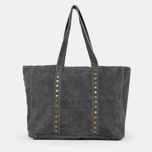 Bolso shopper para mujer de piel serraje con tachuelas gris Alexandra