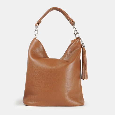 Bolso hobo de piel con pompón marrón Rebeca