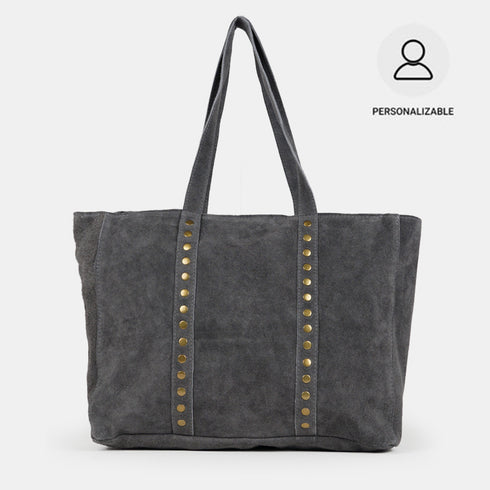 Bolso shopper para mujer de piel serraje con tachuelas gris Alexandra