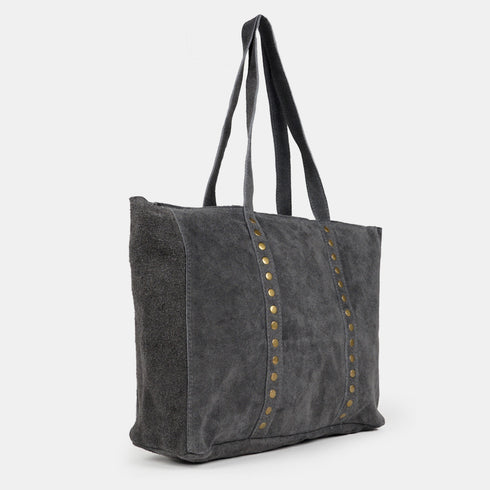 Bolso shopper para mujer de piel serraje con tachuelas gris Alexandra