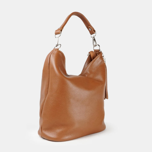 Bolso hobo de piel con pompón marrón Rebeca