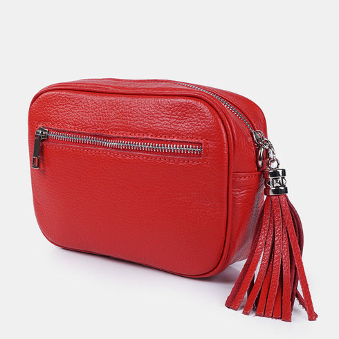 Bolso de Piel bandolera cuadrado rojo con pompón de mujer Cristin