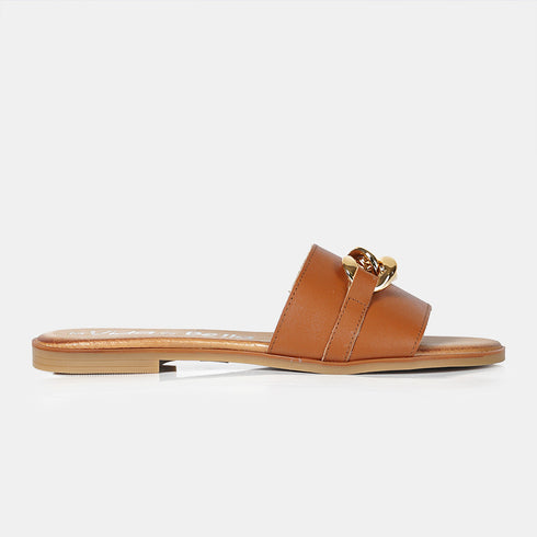 Sandalias de mujer de piel con adorno marrón cuero Charo