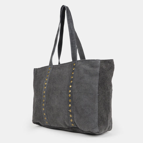 Bolso shopper para mujer de piel serraje con tachuelas gris Alexandra