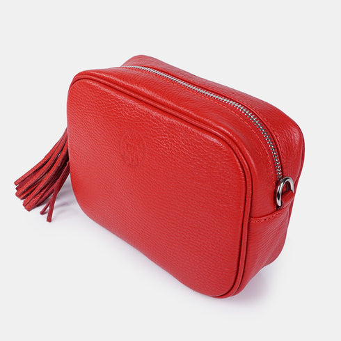 Bolso de Piel bandolera cuadrado rojo con pompón de mujer Cristin