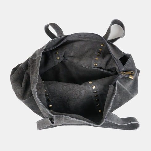 Bolso shopper para mujer de piel serraje con tachuelas gris Alexandra