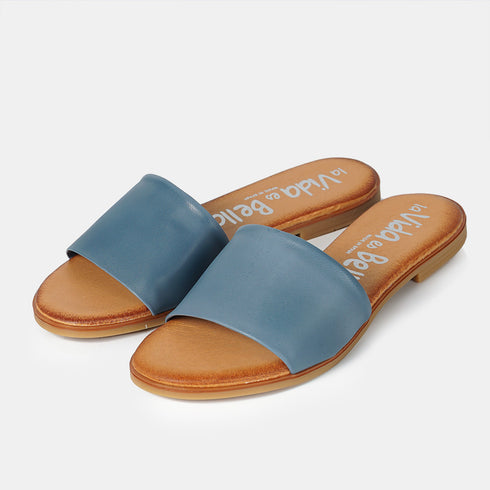Sandalias planas de piel para mujer azul Alejandra