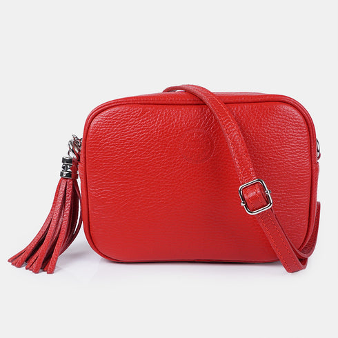 Bolso de Piel bandolera cuadrado rojo con pompón de mujer Cristin