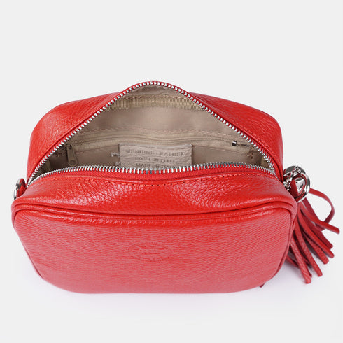 Bolso de Piel bandolera cuadrado rojo con pompón de mujer Cristin