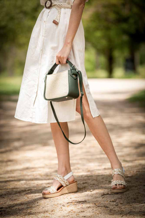 Bolso de mano de piel y rafia para mujer Pandorina Verde oscuro